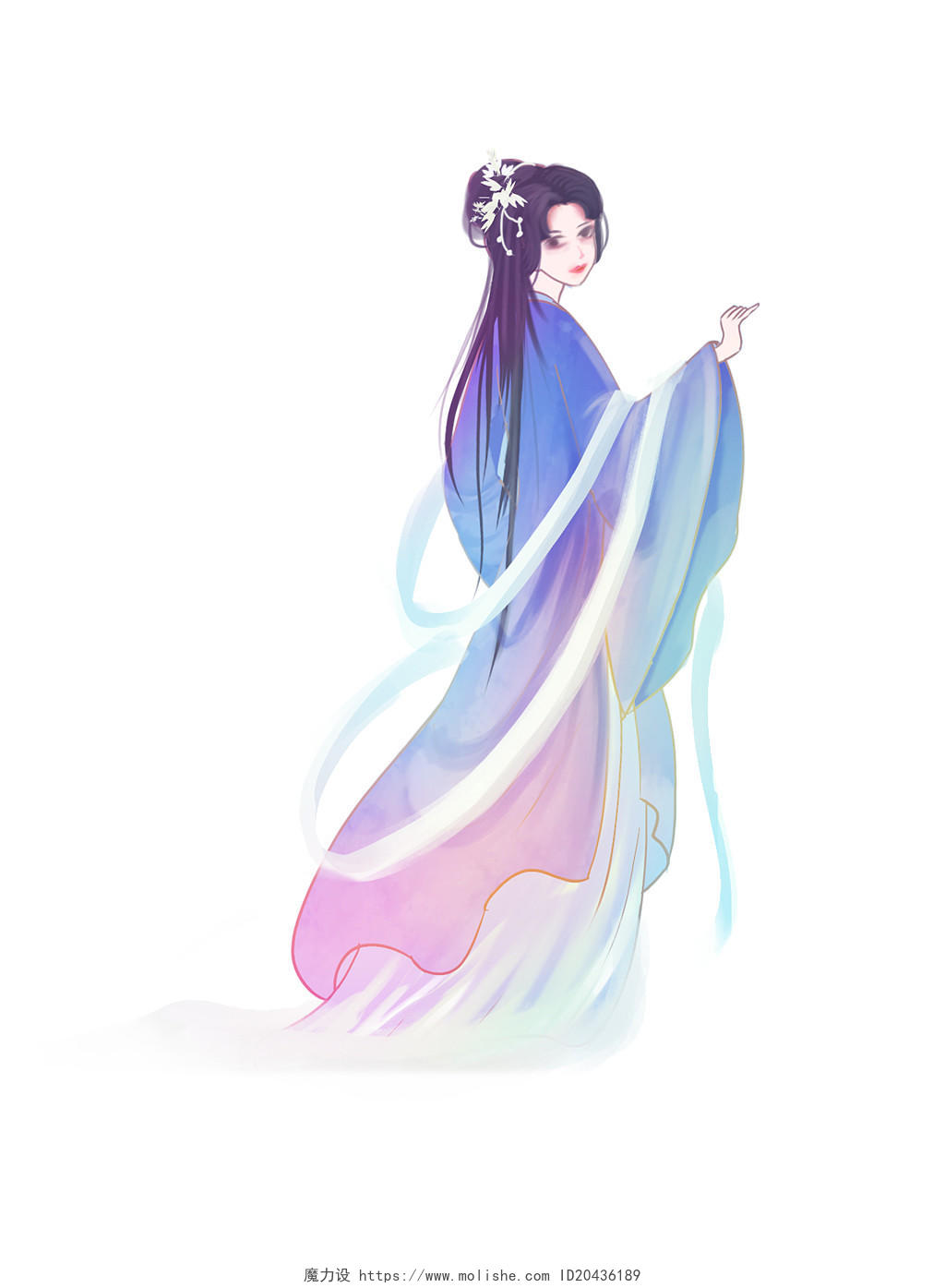 彩色手绘古风中国风汉服人物女子美女元素PNG素材
